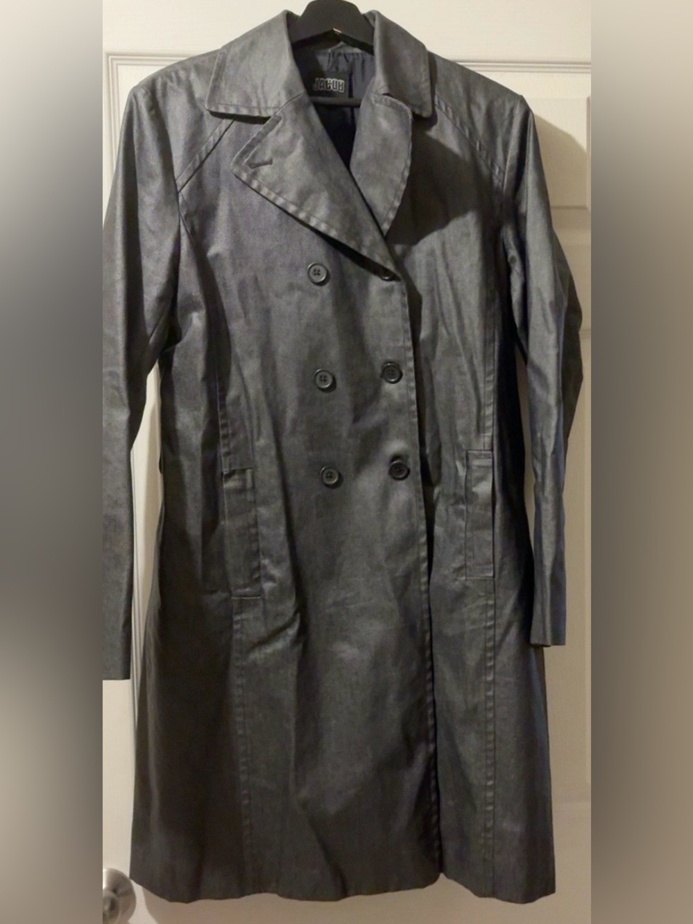 Jacob Women’s Large Charcoal Grey Coated Rain Trench Coat Double Breasted - Picture 6 of 9